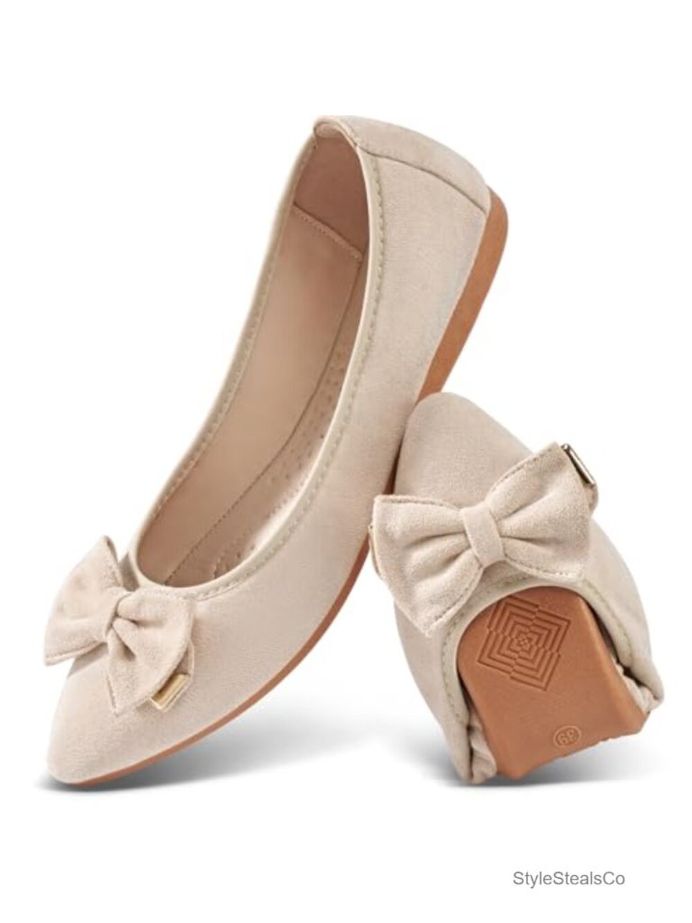Women's Faux Suede Pointed Toe Ballet Flats Foldable Slip On Loafers with Bow